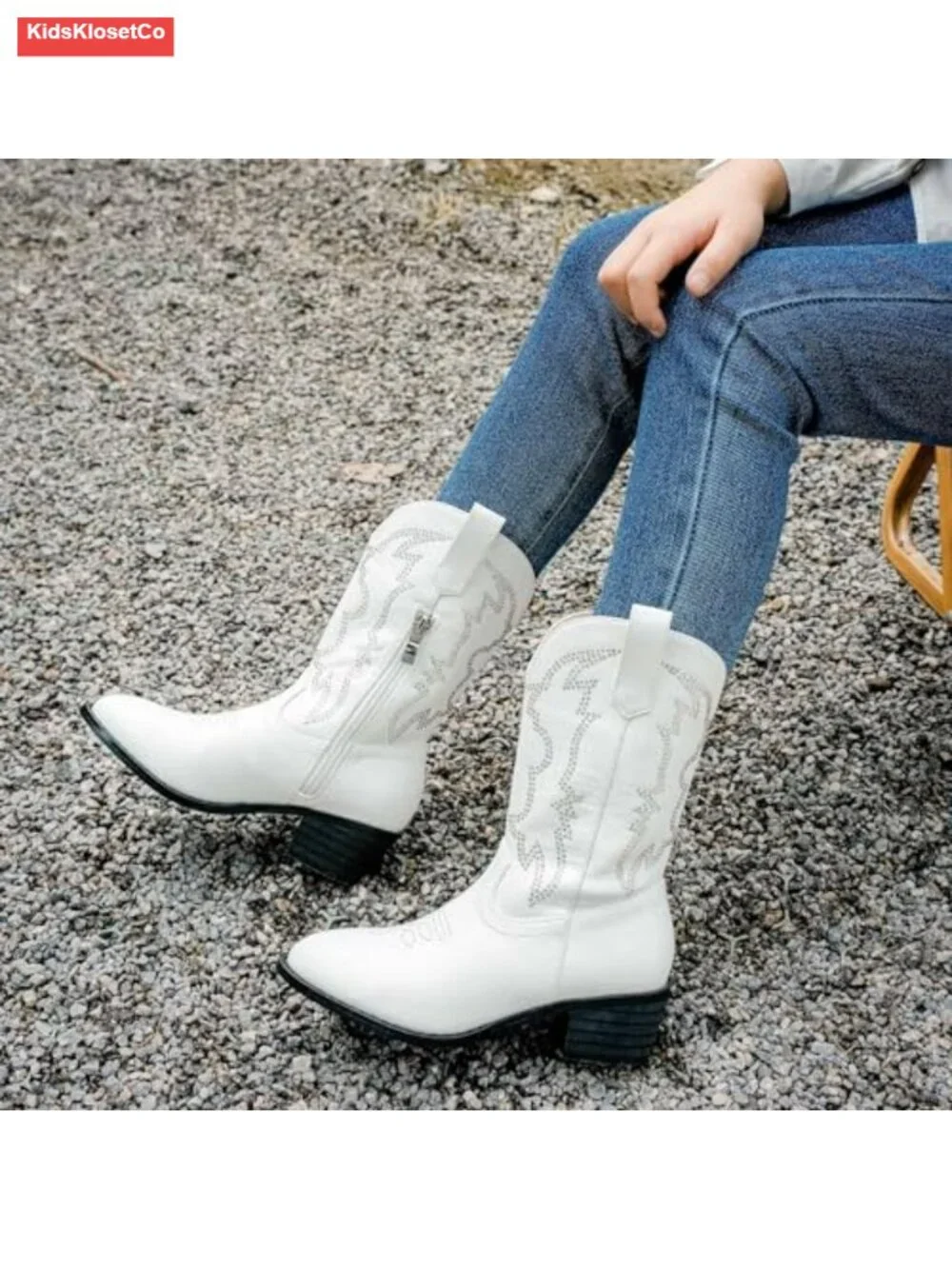 Girls Cowboy Boots Pull On Mid Calf Western Boots Rhinestone Embellished
